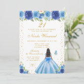Blue Floral Dark Skin Princess Birthday Party Kaart (Staand voorkant)