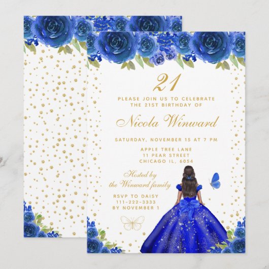 Blue Floral Dark Skin Princess Birthday Party Kaart (Voorkant / Achterkant)