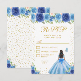 Blue Floral Dark Skin Princess Sweet Sixteen RSVP Kaartje