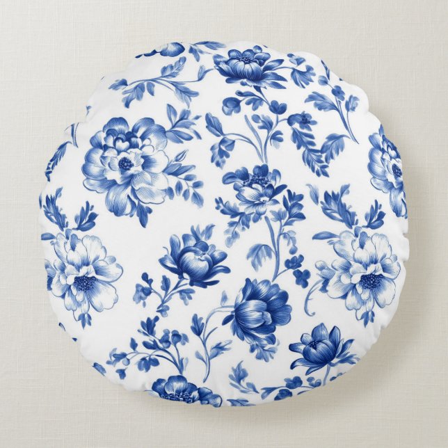 Blue Floral delftware  stijl botanisch Rond Kussen (Voorkant)