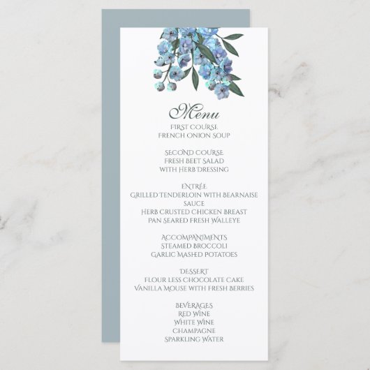 Blue Floral Delphinium Bouquet Menu (Voorkant / Achterkant)