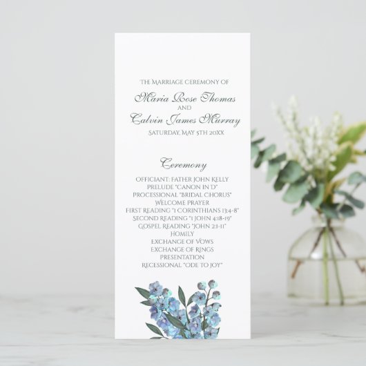 Blue Floral Delphinium Bouquet Programmakaart (Staand voorkant)