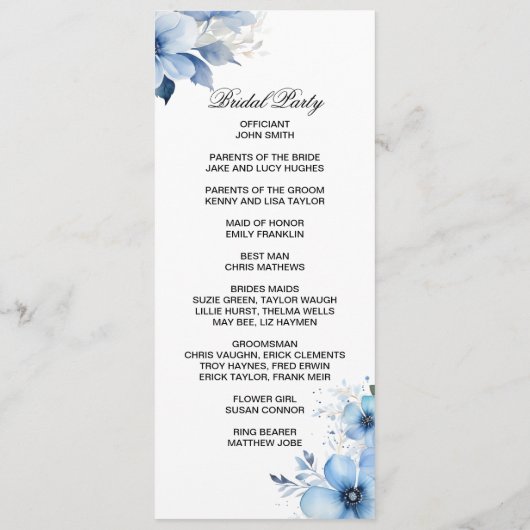 Blue Floral double side program card  Programmakaart (Achterkant)