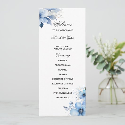 Blue Floral double side program card  Programmakaart (Staand voorkant)