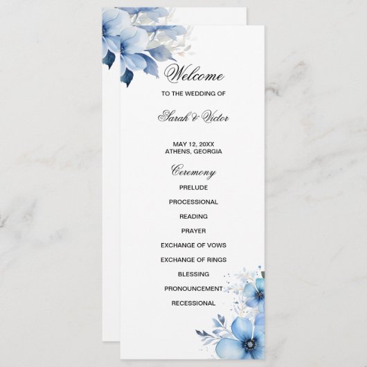 Blue Floral double side program card  Programmakaart (Voorkant / Achterkant)