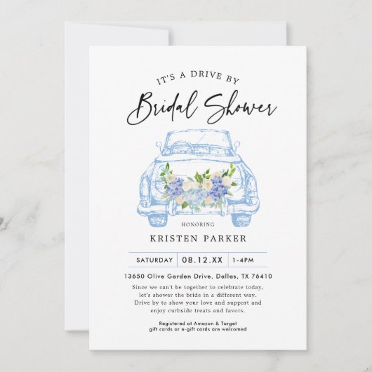 Blue Floral Drive op uitnodiging voor bruidsdouche (Voorkant)