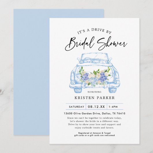 Blue Floral Drive op uitnodiging voor bruidsdouche (Voorkant / Achterkant)