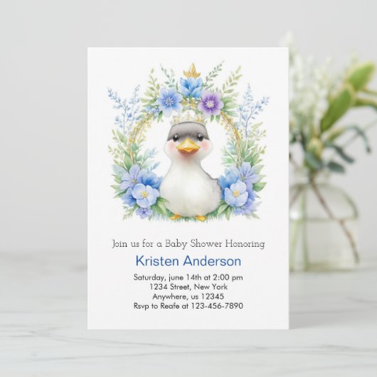 Blue Floral Duck Boy Baby shower Kaart (Staand voorkant)