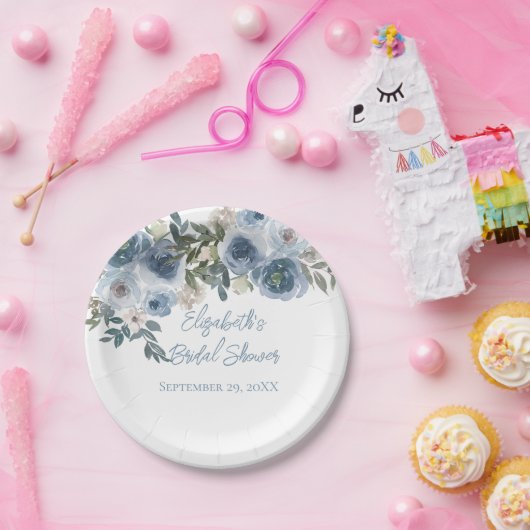 Blue Floral Dusty Blue Waterverf Vrijgezellenfeest Papieren Bordje (Feest)