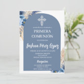 Blue Floral eerste communie Spaanse uitnodiging (Staand voorkant)