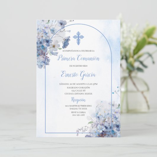 Blue floral eerste communie uitnodiging (Staand voorkant)