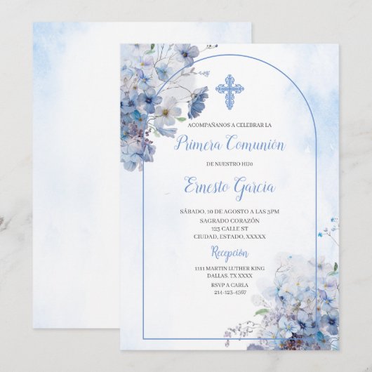 Blue floral eerste communie uitnodiging (Voorkant / Achterkant)