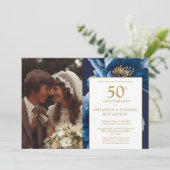 Blue Floral Elegant 50ste Jubileum Foto Kaart (Staand voorkant)