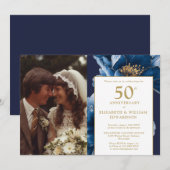Blue Floral Elegant 50ste Jubileum Foto Kaart (Voorkant / Achterkant)