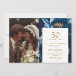 Blue Floral Elegant 50ste Jubileum Foto Kaart