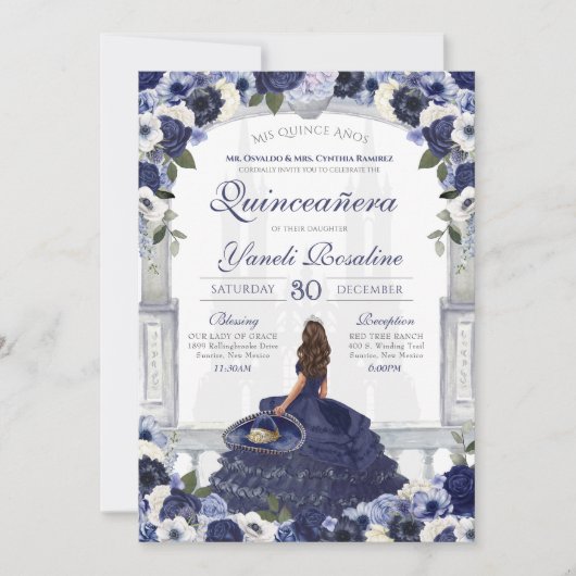 Blue Floral Elegant Charro Princess Quinceanera Kaart (Voorkant)