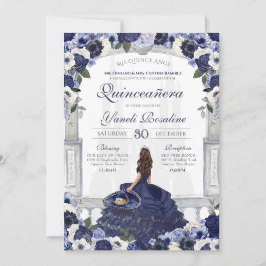 Blue Floral Elegant Charro Princess Quinceanera Kaart (Voorkant)