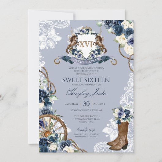 Blue Floral & Elegant Crest Cowgirl Ranch Sweet 16 Kaart (Voorkant)