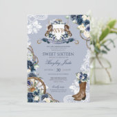 Blue Floral & Elegant Crest Cowgirl Ranch Sweet 16 Kaart (Staand voorkant)