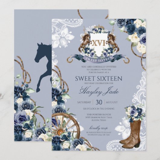 Blue Floral & Elegant Crest Cowgirl Ranch Sweet 16 Kaart (Voorkant / Achterkant)