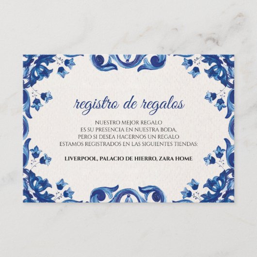 Blue Floral Elegant Fiesta Spanish Wedding Informatiekaartje (Voorkant)