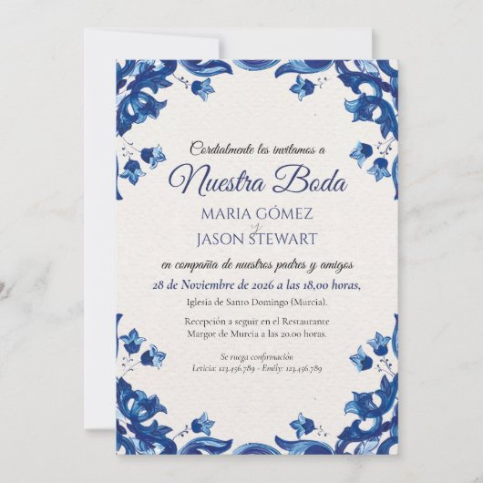 Blue Floral Elegant Fiesta Spanish Wedding Kaart (Voorkant)