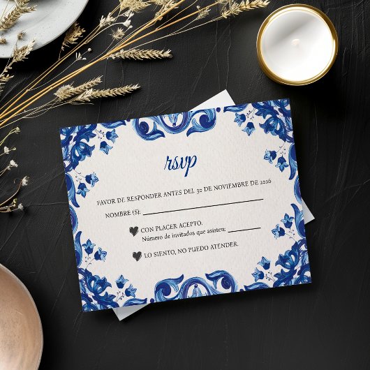 Blue Floral Elegant Fiesta Spanish Wedding RSVP Kaartje