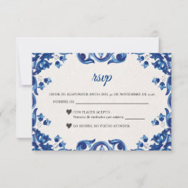Blue Floral Elegant Fiesta Spanish Wedding RSVP Kaartje