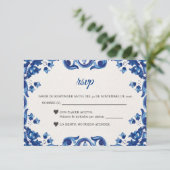 Blue Floral Elegant Fiesta Spanish Wedding RSVP Kaartje (Staand voorkant)