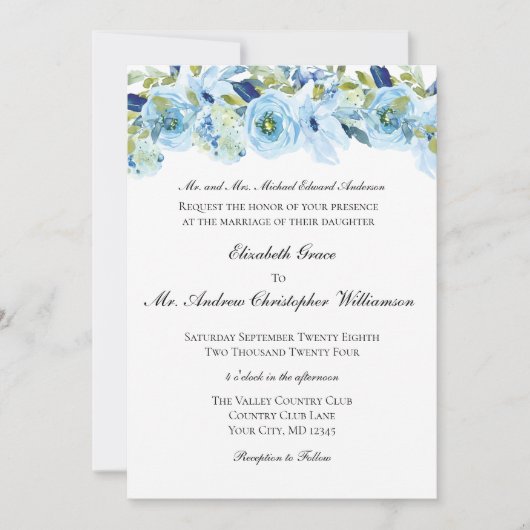 Blue Floral Elegant Formal Traditional Wedding Kaart (Voorkant)