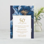 Blue Floral Elegant Modern 50ste Jubileum Foto Kaart (Staand voorkant)