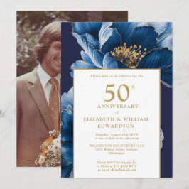 Blue Floral Elegant Modern 50ste Jubileum Foto Kaart