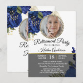 Blue Floral Elegant Photo Retirement Party Kaart (Voorkant / Achterkant)