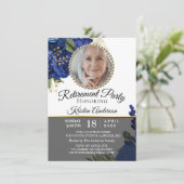 Blue Floral Elegant Photo Retirement Party Kaart (Staand voorkant)