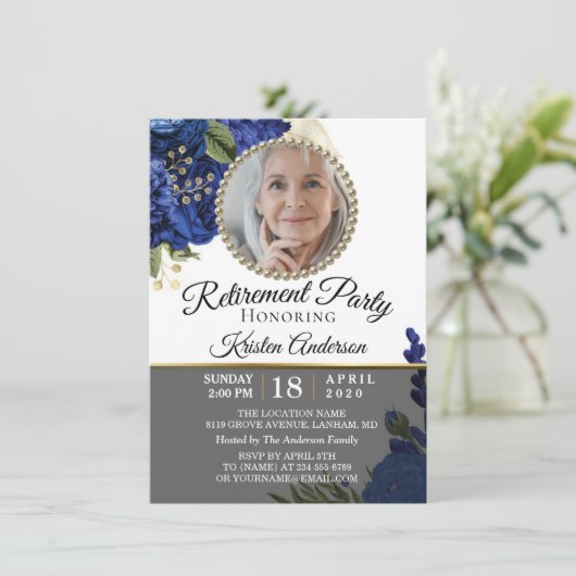 Blue Floral Elegant Photo Retirement Party Kaart (Staand voorkant)