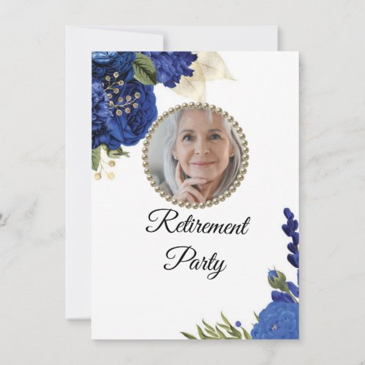 Blue Floral Elegant Photo Retirement Party Kaart (Achterkant)