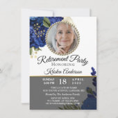 Blue Floral Elegant Photo Retirement Party Kaart (Voorkant)