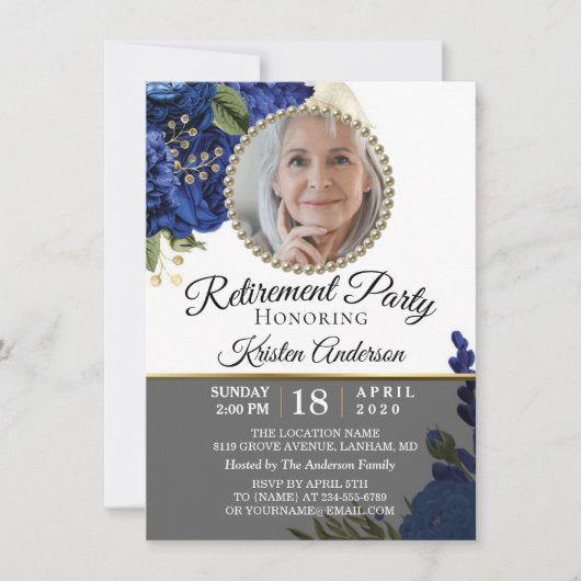 Blue Floral Elegant Photo Retirement Party Kaart (Voorkant)