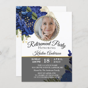 Blue Floral Elegant Photo Retirement Party Kaart