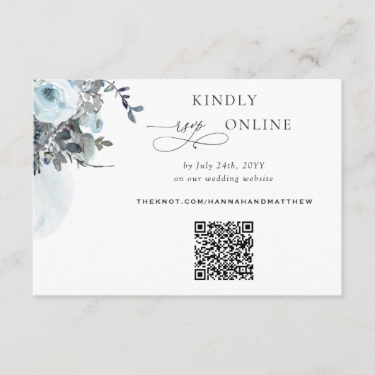 Blue Floral Elegant QR Code RSVP Weddenschap Informatiekaartje (Voorkant)
