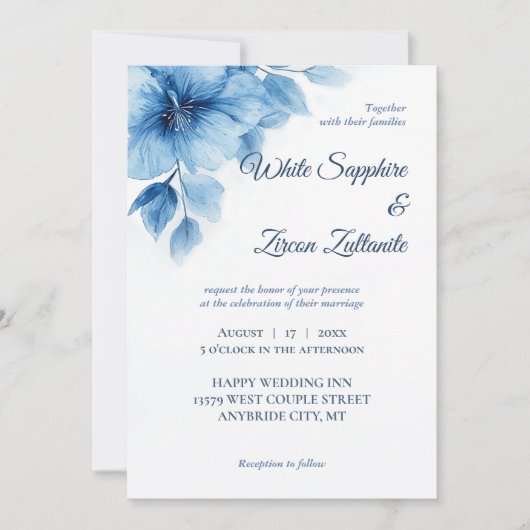 Blue Floral Elegant Wedding Invitation Kaart (Voorkant)
