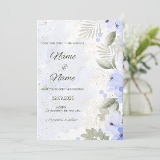 Blue floral elegant wedding invitation kaart