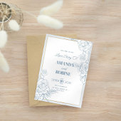 Blue Floral Elegant Wedding Invitation Kaart