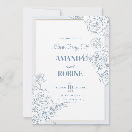 Blue Floral Elegant Wedding Invitation Kaart (Achterkant)