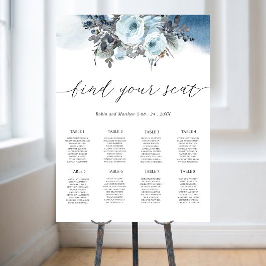 Blue Floral Elegant Wedding Seding Chart Sign Poster