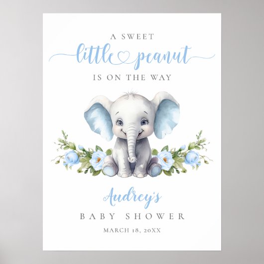 Blue Floral Elephant Baby Boy Shower Welkom Poster (Voorkant)