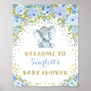 Blue Floral Elephant Baby Boy Shower Welkomstbord Poster