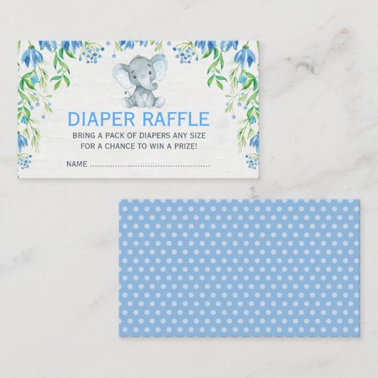 Blue Floral Elephant Baby Luier Raffle Ticket Informatiekaartje (Voorkant / Achterkant)