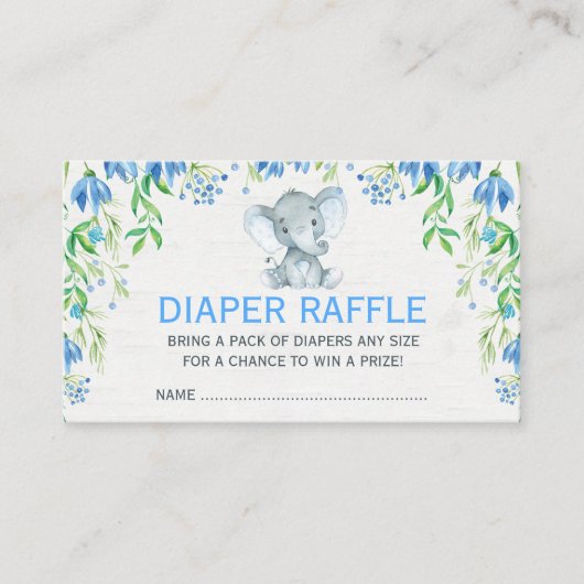 Blue Floral Elephant Baby Luier Raffle Ticket Informatiekaartje (Voorkant)