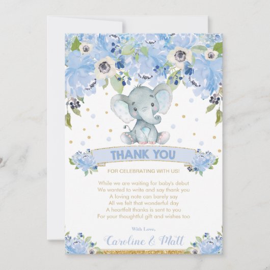 Blue Floral Elephant Baby shower Boy Bedankkaart (Voorkant)